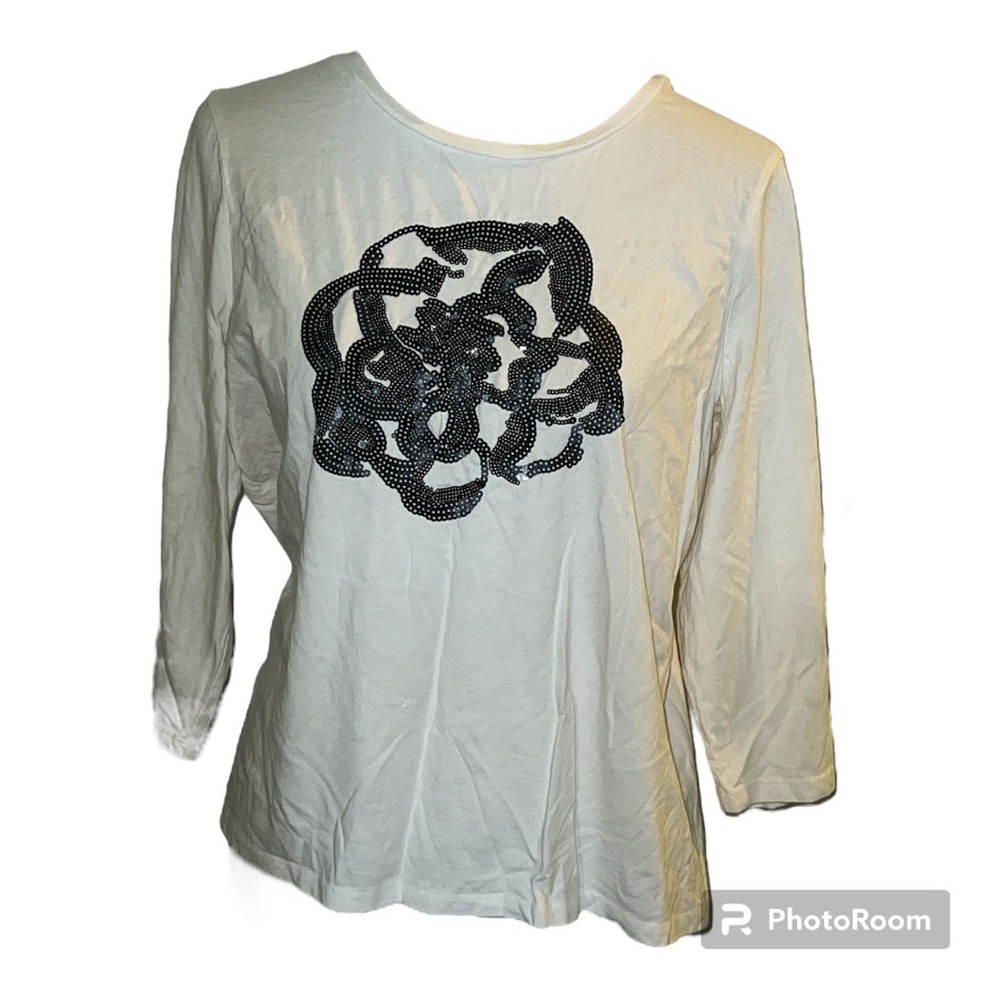 Chico’s large white with black sequins floral tee 3/4 sleeves cotton blend